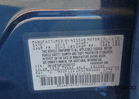 2018 Nissan Sentra Sv from USA, damaged, VIN 3N1AB7AP3JY246103